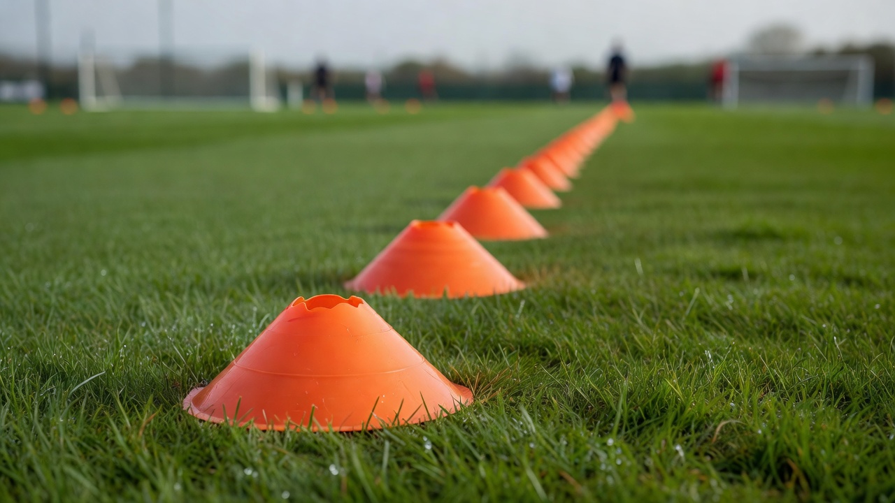 Row of orange training cones on an academy pitch in shallow focus