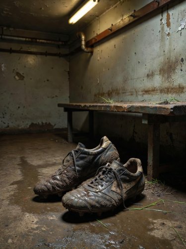 Muddy football boots on the floor of a non-league dressing room