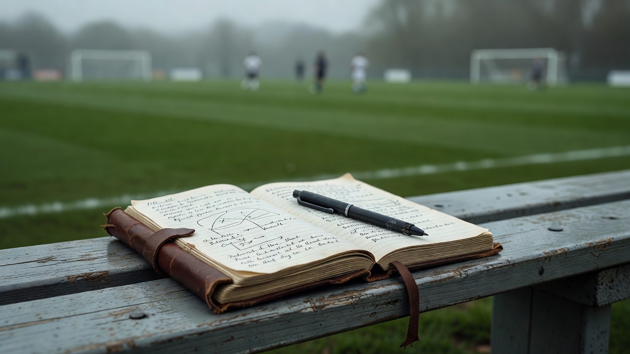 Scouting notebook with handwritten player notes resting on a touchline bench