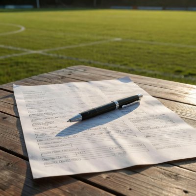 Pen resting on a printed scout report sheet beside a pitch