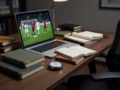 Desk with scouting notebooks, a stopwatch and a laptop showing match footage