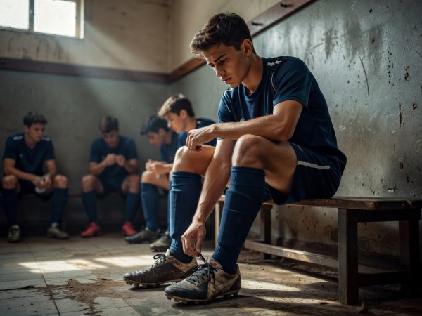 Teenage footballer lacing his boots before a youth match
