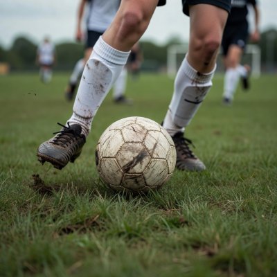Close-up of a football at a teenage player's feet during a youth match