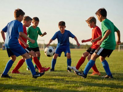 Youth players in a rondo passing drill with one defender in the middle